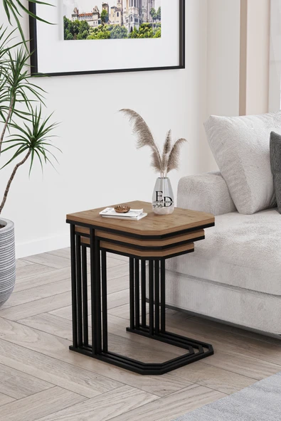 Zigon Sehpa , Lyon 3'lü C Zigon Sehpa Takımı , Siyah Metal - Atlantik Çam Tabla - Resim 3