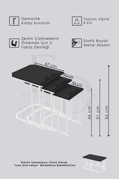 Zigon Sehpa , Lyon 3'lü C Zigon Sehpa Takımı , Gümüş Metal - Atlantik Çam Tabla - Resim 5