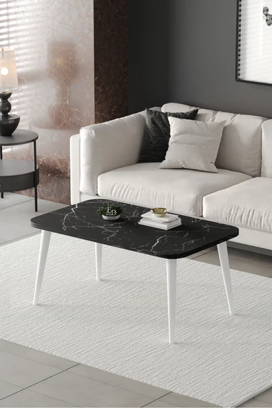 Orta Sehpa Metal Ayaklı , Roma Orta Sehpa , Beyaz Metal - Siyah Mermer Tabla ürün görseli