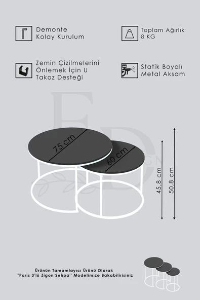 Orta Sehpa , Paris 2'li Orta Sehpa Takımı , Beyaz Metal - Barok Tabla - Resim 3