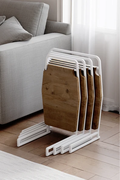 Zigon Sehpa , Miami 4'lü Zigon Sehpa Takımı , Beyaz Metal - Atlantik Çam Tabla ürün görseli