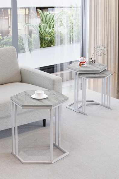 Zigon Sehpa , Tokyo 3'lü Zigon Takımı , Beyaz Metal - Beyaz Mermer Tabla - Resim 2