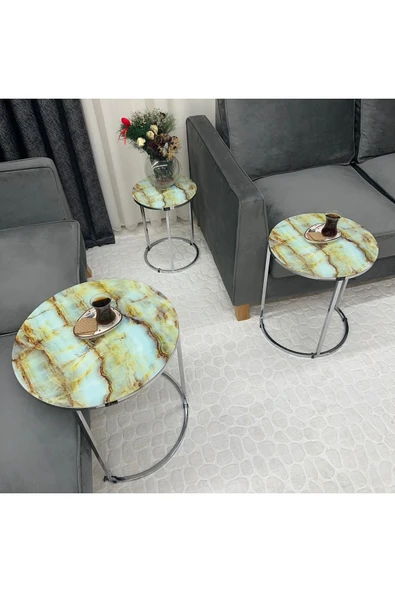 Zigon Sehpa , Paris 3'lü Camlı C Zigon Sehpa Takımı , Gümüş Metal - Cam-98 - Resim 4