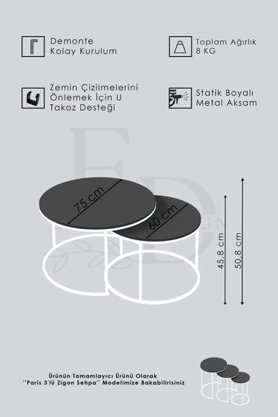 Orta Sehpa , Paris 2'li Orta Sehpa Takımı , Siyah Metal - Beyaz Mermer Tabla - Resim 3