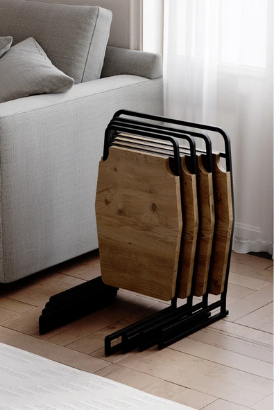 Zigon Sehpa , Miami 4'lü Zigon Sehpa Takımı , Siyah Metal - Atlantik Çam Tabla ürün görseli