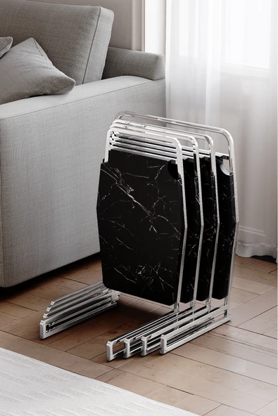 Zigon Sehpa , Miami 4'lü Zigon Sehpa Takımı , Gümüş Metal - Siyah Mermer Tabla ürün görseli