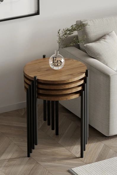 Zigon Sehpa , Nice 4'lü Zigon Sehpa Takımı , Siyah Metal - Atlantik Çam Tabla ürün görseli