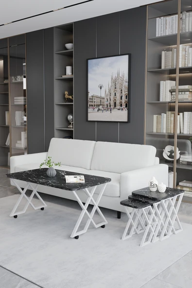 Zigon Sehpa , Milano 3'lü Zigon Sehpa Takımı , Beyaz Metal - Siyah Mermer Tabla - Resim 2