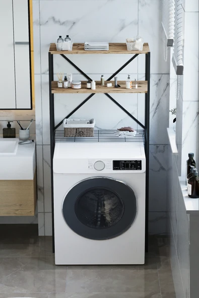 Banyo Rafı , Beril 2 Raflı Çamaşır Makinesi Üstü Düzenleyici , Siyah Metal - Atlantik Çam Tabla - Resim 2