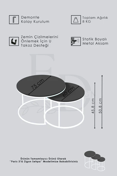 Orta Sehpa , Paris 2'li Orta Sehpa Takımı , Beyaz Metal - Atlantik Çam Tabla - Resim 3