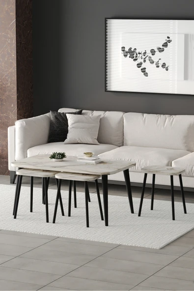 Zigon ve Orta Sehpa 5'li Takım , Metal Ayaklı , Roma 4+1 Sehpa , Siyah Metal - Beyaz Mermer Tabla - Resim 2