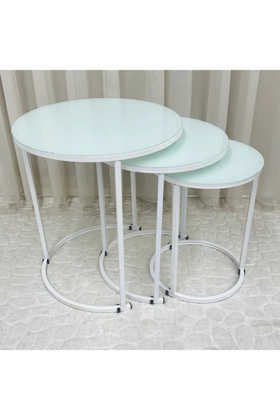 Zigon Sehpa , Paris 3'lü Camlı C Zigon Sehpa Takımı , Beyaz Metal - Beyaz Cam - Resim 3