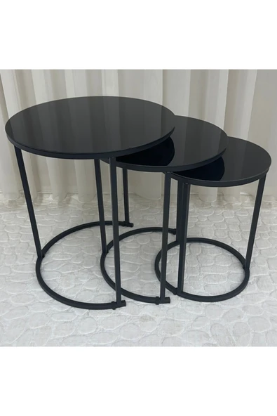 Zigon Sehpa , Paris 3'lü Camlı C Zigon Sehpa Takımı , Siyah Metal - Siyah Cam - Resim 3