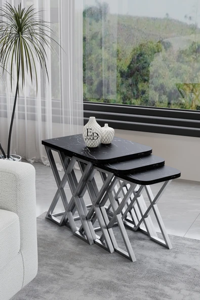 Zigon Sehpa , Milano 3'lü Zigon Sehpa Takımı , Gümüş Metal - Siyah Mermer Tabla ürün görseli