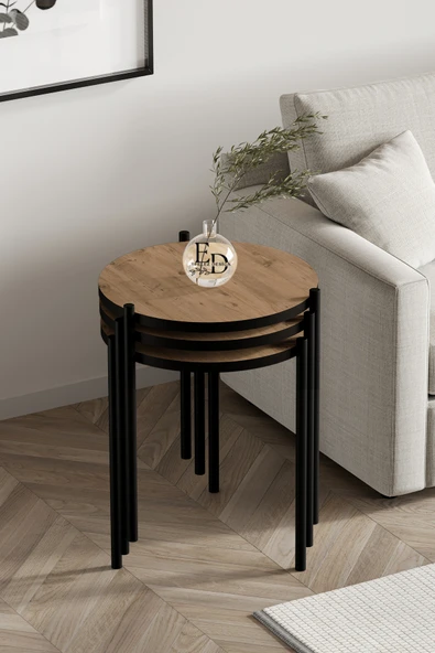 Zigon Sehpa , Nice 3'lü Zigon Sehpa Takımı , Siyah Metal - Atlantik Çam Tabla ürün görseli