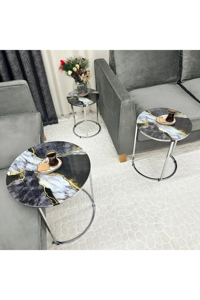 Zigon Sehpa , Paris 3'lü Camlı C Zigon Sehpa Takımı , Gümüş Metal - Cam-93 - Resim 4