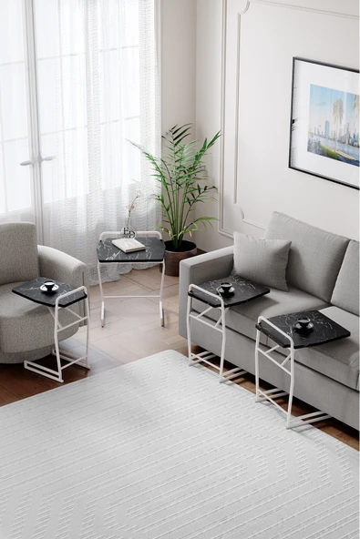 Zigon Sehpa , Miami 4'lü Zigon Sehpa Takımı , Beyaz Metal - Siyah Mermer Tabla - Resim 2