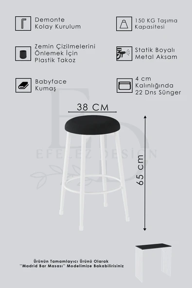 Prag Bar Taburesi , Mutfak Taburesi, Balkon, Bahçe Taburesi, Sandalyesi Siyah Kumaş - Resim 4