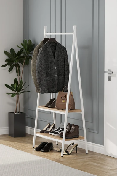 Jade Konfeksiyon Elbise Askılık , 2 Raflı Askılık , Beyaz Metal - Atlantik Çam Tabla - Resim 4