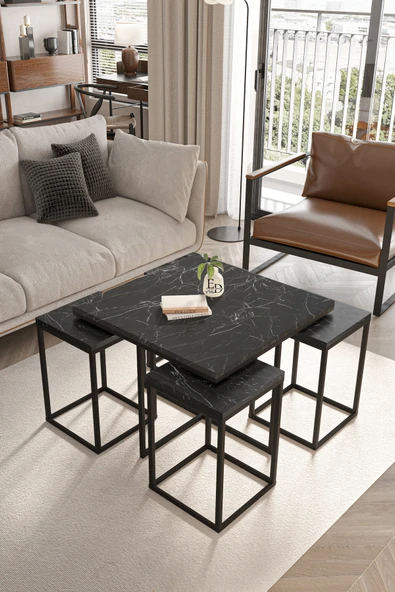 Orta Sehpa , Lizbon 4 1 , Kare Pizza Sehpa Takımı , Siyah Metal - Siyah Mermer Tabla ürün görseli