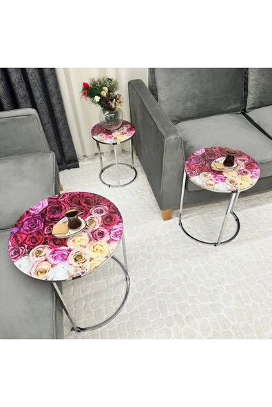 Zigon Sehpa , Paris 3'lü Camlı C Zigon Sehpa Takımı , Gümüş Metal - Cam-96 - Resim 4