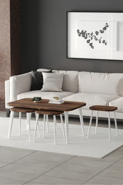 Zigon ve Orta Sehpa 5'li Takım , Metal Ayaklı , Roma 4+1 Sehpa , Beyaz Metal - Barok Tabla - Resim 2