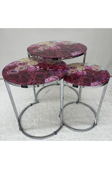 Zigon Sehpa , Paris 3'lü Camlı C Zigon Sehpa Takımı , Gümüş Metal - Cam-96 - Resim 3