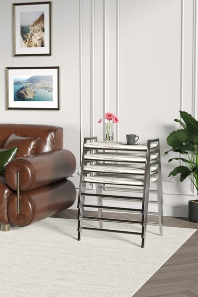Zigon Sehpa , Aden 4'lü Tepsi Zigon Sehpa Takımı Gümüş Metal - Beyaz Mermer Tabla - Resim 3