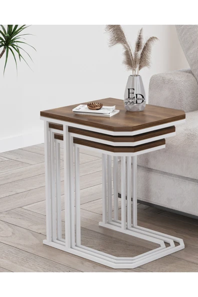 Zigon Sehpa , Lyon 3'lü C Zigon Sehpa Takımı , Beyaz Metal - Barok Tabla ürün görseli