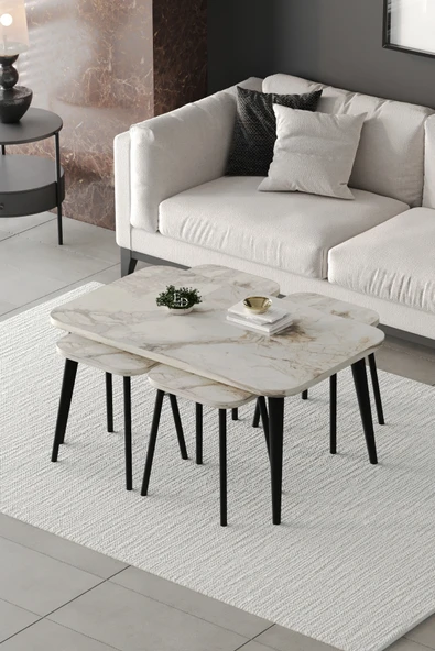 Zigon ve Orta Sehpa 5'li Takım , Metal Ayaklı , Roma 4+1 Sehpa , Siyah Metal - Beyaz Mermer Tabla ürün görseli