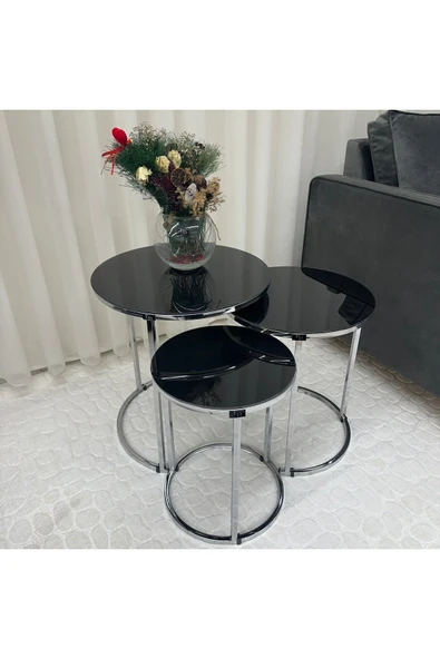 Zigon Sehpa , Paris 3'lü Camlı C Zigon Sehpa Takımı , Gümüş Metal - Siyah Cam - Resim 2