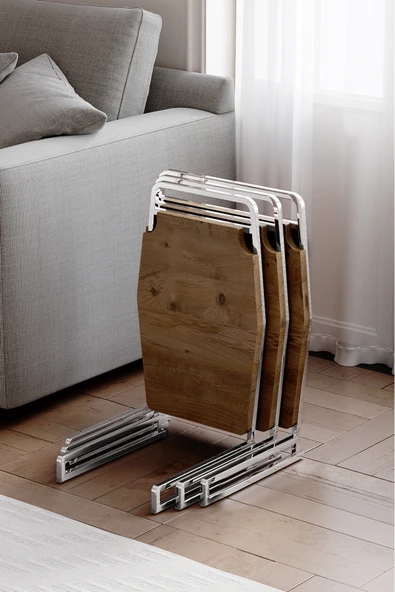 Zigon Sehpa , Miami 3'lü Zigon Sehpa Takımı , Gümüş Metal - Atlantik Çam Tabla ürün görseli