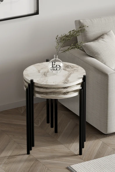 Zigon Sehpa , Nice 3'lü Zigon Sehpa Takımı , Siyah Metal - Beyaz Mermer Tabla ürün görseli