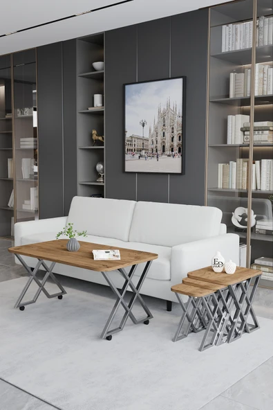 Zigon Sehpa , Milano 3'lü Zigon Sehpa Takımı , Gümüş Metal - Atlantik Çam Tabla - Resim 2