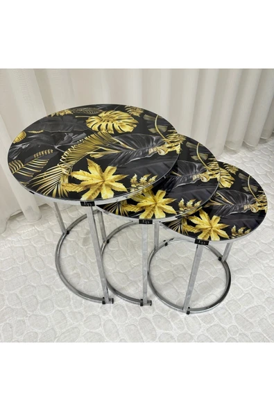 Zigon Sehpa , Paris 3'lü Camlı C Zigon Sehpa Takımı , Gümüş Metal - Cam 91 - Resim 5