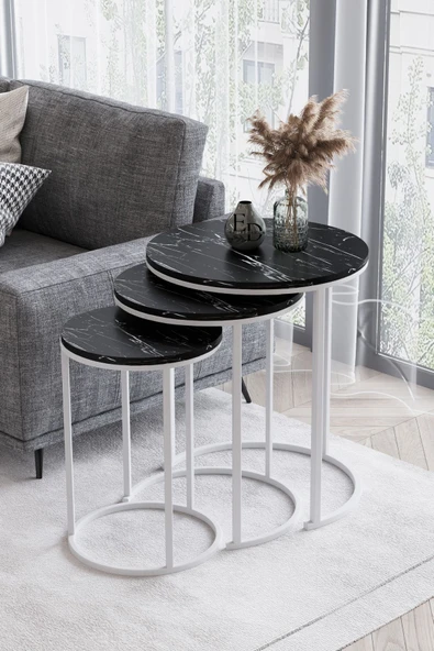 Zigon Sehpa , Paris 3'lü C Zigon Sehpa Takımı , Beyaz Metal - Siyah Mermer Tabla ürün görseli