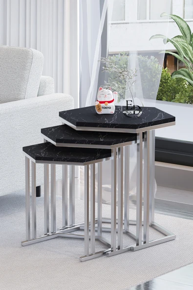 Zigon Sehpa , Tokyo 3'lü Zigon Takımı , Gümüş Metal - Siyah Mermer Tabla ürün görseli