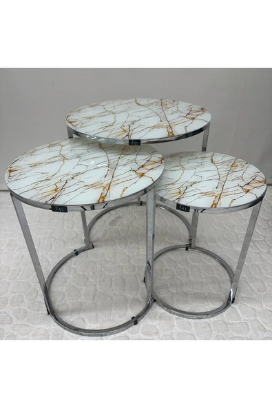 Zigon Sehpa , Paris 3'lü Camlı C Zigon Sehpa Takımı , Gümüş Metal - Cam-94 - Resim 3