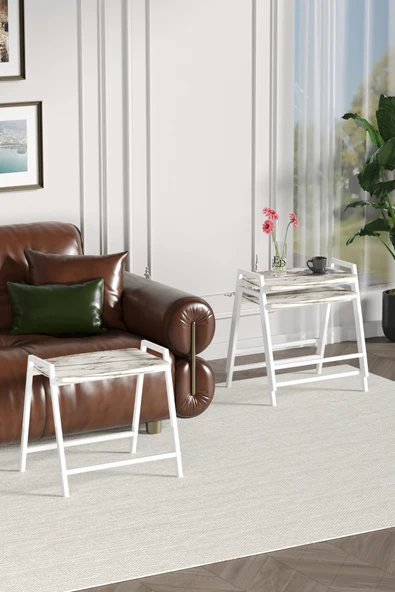 Zigon Sehpa , Aden 3'lü Tepsi Zigon Sehpa Takımı Beyaz Metal - Beyaz Mermer Tabla - Resim 4