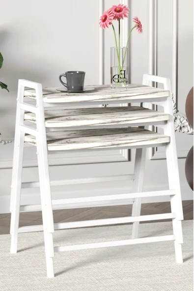 Zigon Sehpa , Aden 3'lü Tepsi Zigon Sehpa Takımı Beyaz Metal - Beyaz Mermer Tabla ürün görseli