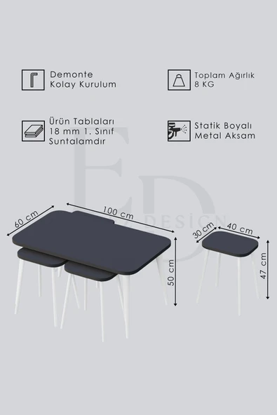 Zigon ve Orta Sehpa 5'li Takım , Metal Ayaklı , Roma 4+1 Sehpa , Gümüş Metal - Barok Tabla - Resim 3