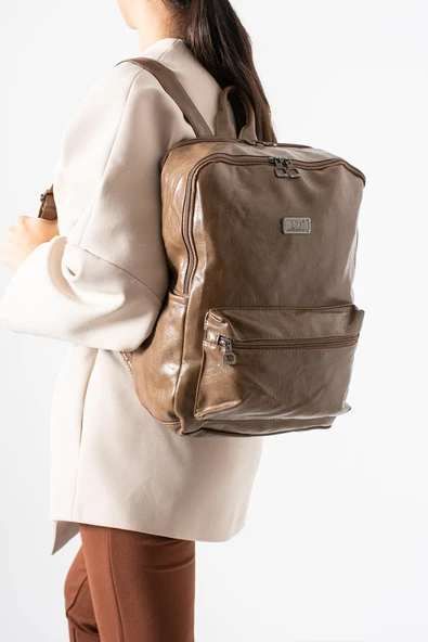 Suni Deri Yıkama Sırt Çantası (Poliüretan) Vizon Model:(571-14-16G) ürün görseli 1