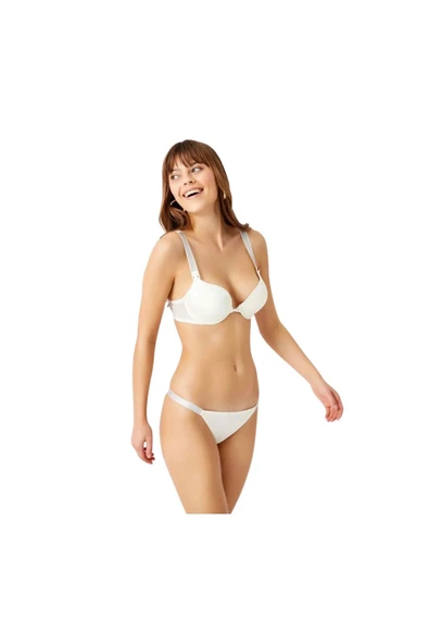 Zi Ekru Double Push Up Balenli Taşlı Sütyen Külot Takımı - Resim 6