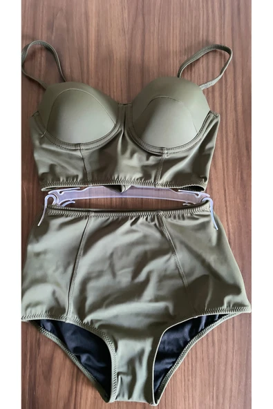 Zi 2 Renk 1 Paket Haki -siyah 2 Yüksek Bel Bikini Takımı - Resim 4