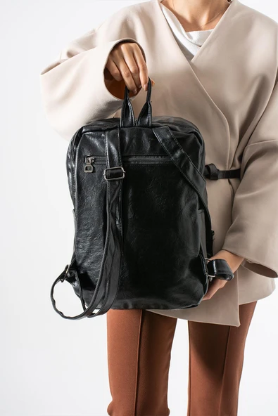 Suni Deri Yıkama Sırt Çantası (Poliüretan) Siyah Model:(571-14-16G) - Resim 2