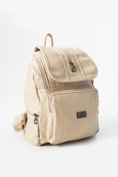 Suni Deri Yıkama Sırt Çantası (Poliüretan) Krem Model:(571-14-16J) - Resim 3