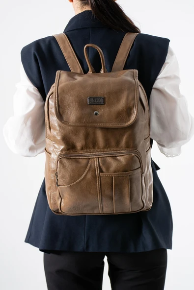 Suni Deri Yıkama Sırt Çantası (Poliüretan) Vizon Model:(571-14-16I) ürün görseli