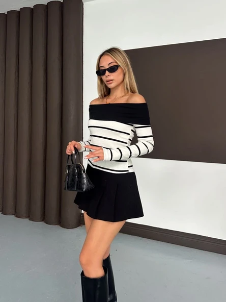 Çizgili madonna yaka kaşkorse bluz beyaz a844 - Resim 3