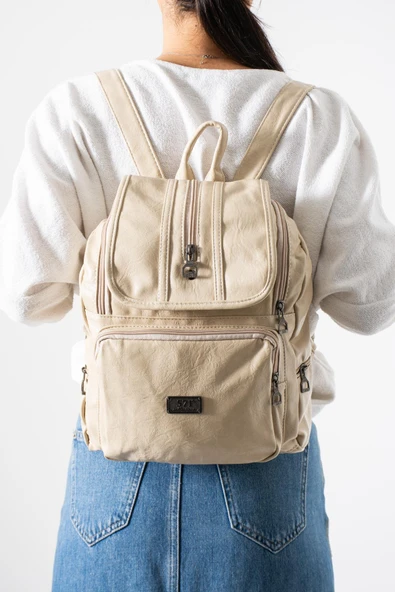 Suni Deri Yıkama Sırt Çantası (Poliüretan) Krem Model:(571-14-16J) ürün görseli