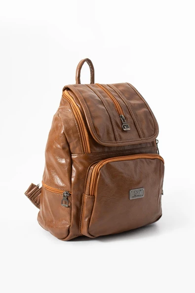 Suni Deri Yıkama Sırt Çantası (Poliüretan) Taba Model:(571-14-16J) - Resim 3